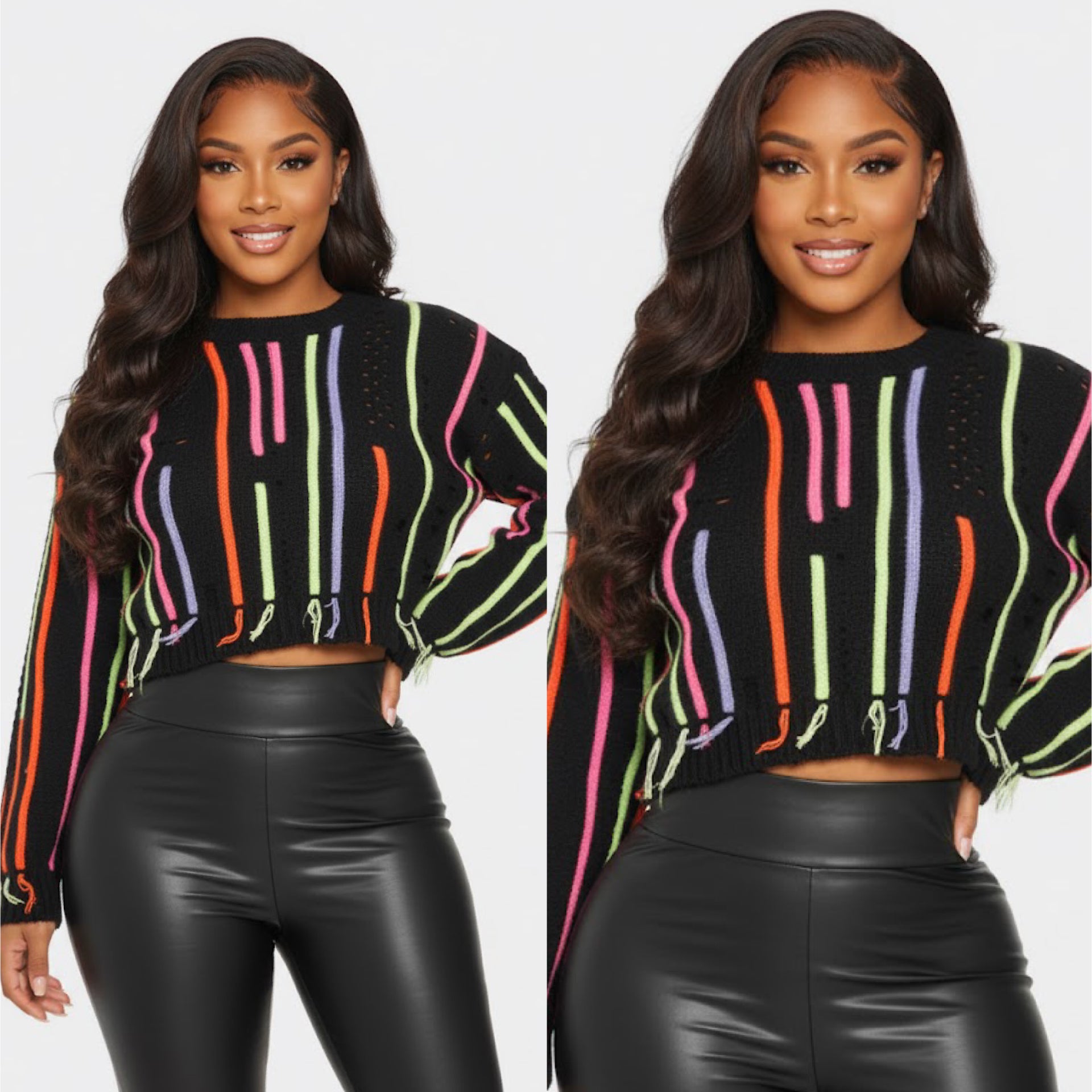 “Neon Lights” Black Distressed Long Sleeve Crop Sweater