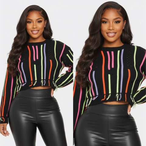 “Neon Lights” Black Distressed Long Sleeve Crop Sweater