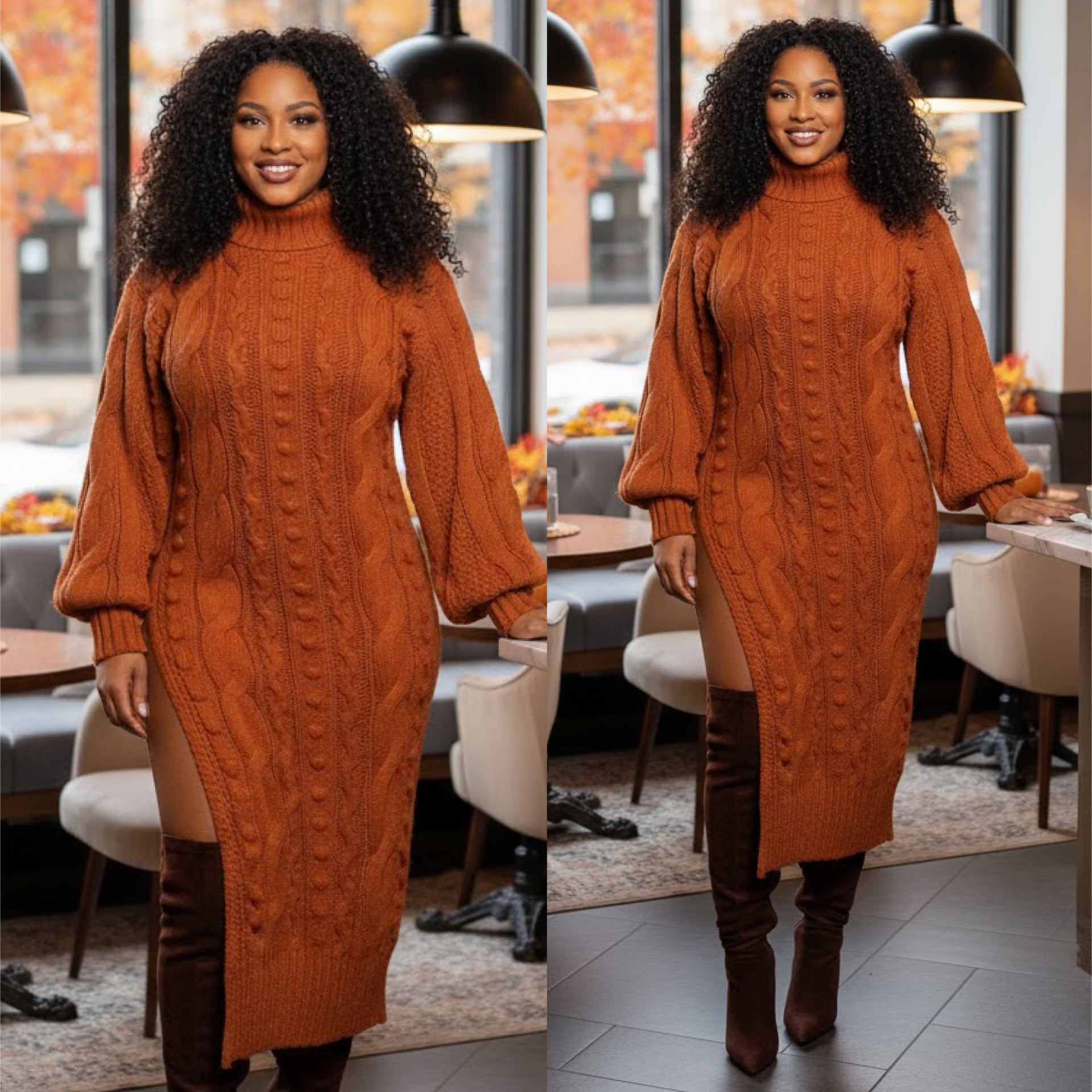 “Acorn” Cable Knit Long Sleeve Turtleneck Split Maxi Sweater Dress