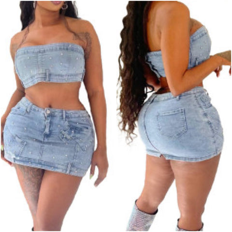 “Prissy” Pearl Denim 2 Piece Bandeau & Mini Skirt Set