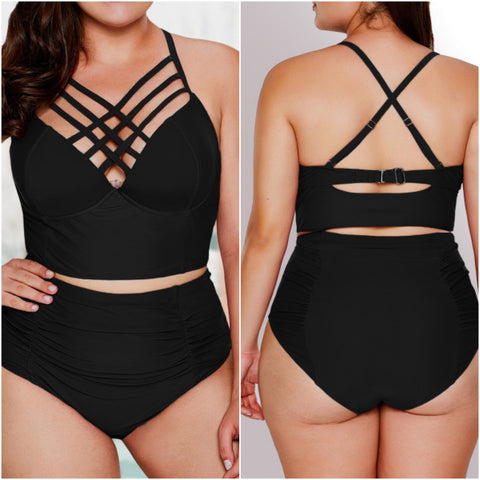 “Blackberry” Black Full Coverage Strappy Bikini Swimsuit