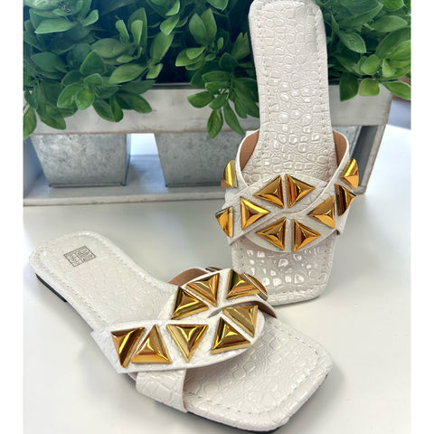 “White Croc” White Sandals with Gold Jewel Embellishment