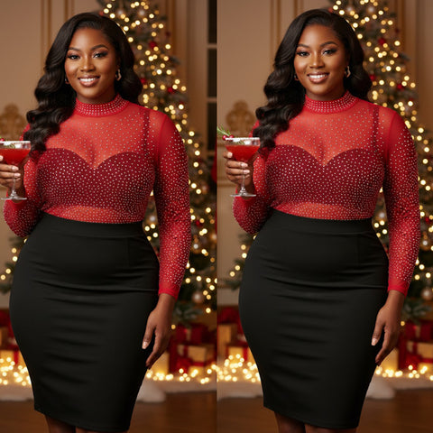 “Sprinkles” Red Mesh Long Sleeve Mock Neck  Bodysuit