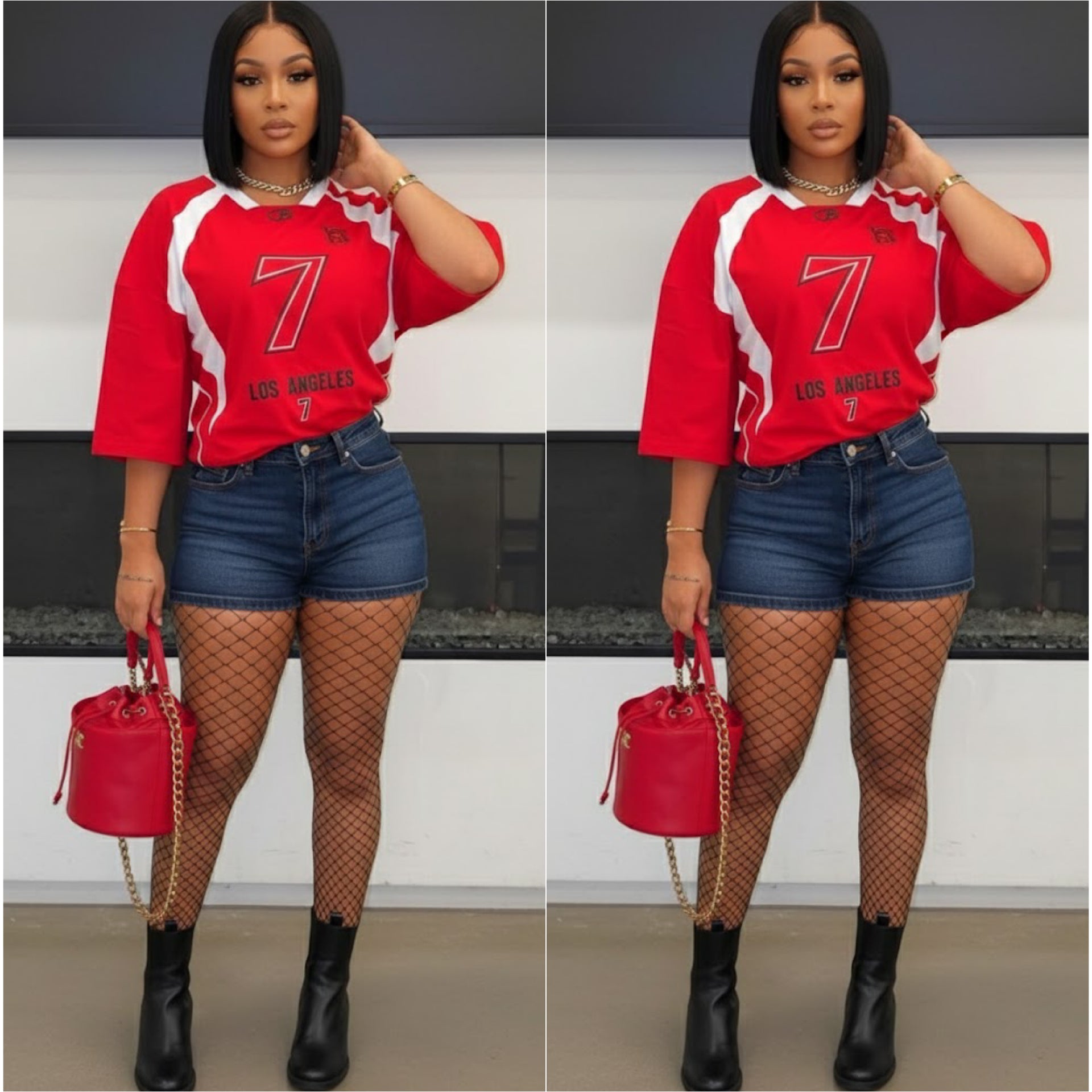 “Big 7” V Neck Fitted 3/4 Sleeve Graphic Shirt Dress