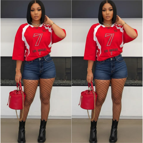 “Big 7” V Neck Fitted 3/4 Sleeve Graphic Shirt Dress