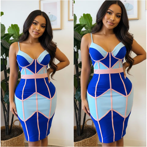 Blue Color block Spaghetti Strap Midi Dress