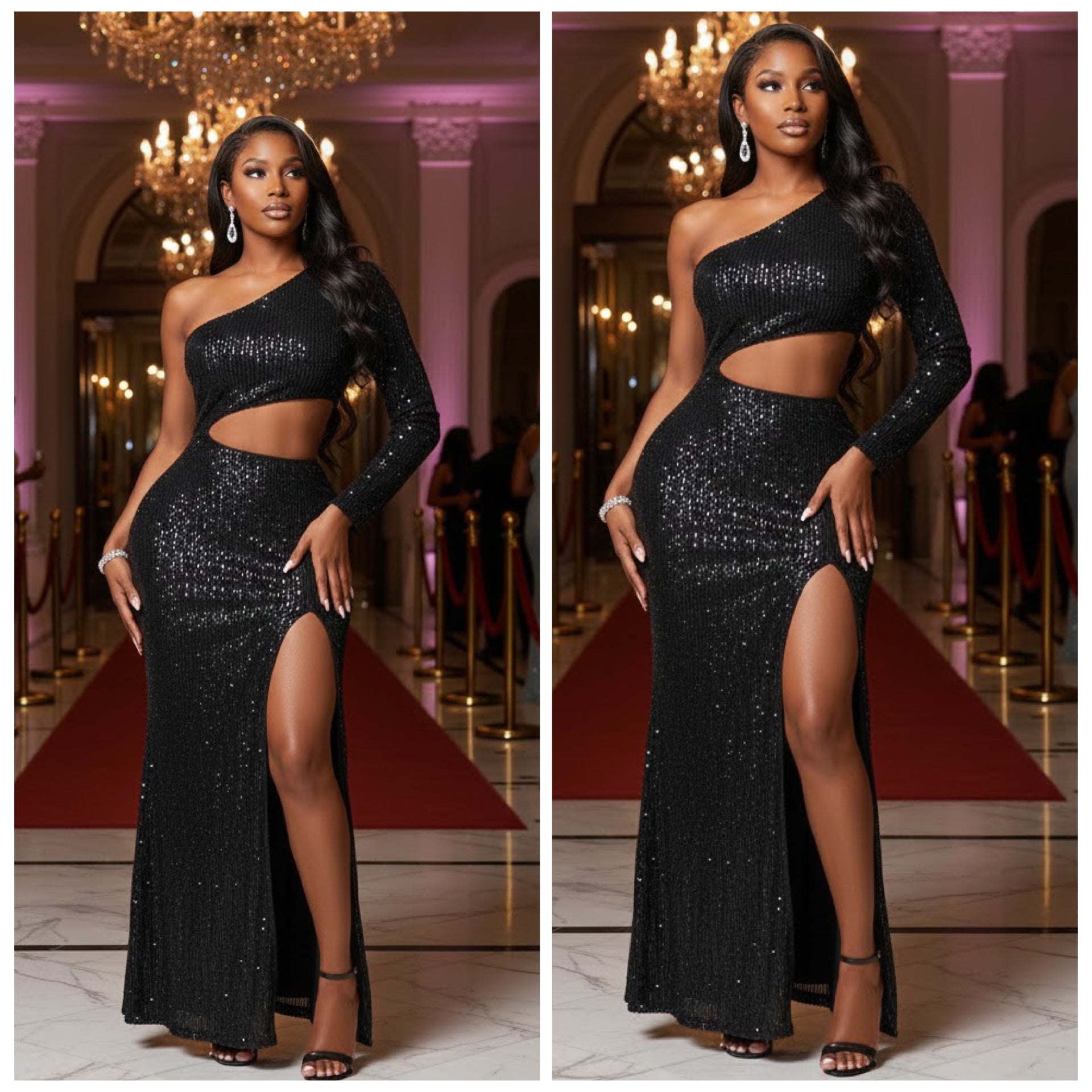 “Steal the Night” Black Sequin Long Sleeve One Arm Cut Out Maxi Dress Gown