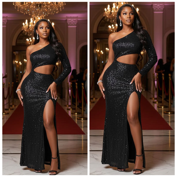 “Steal the Night” Black Sequin Long Sleeve One Arm Cut Out Maxi Dress Gown