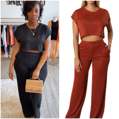 “Lillian” Crop 2 Piece Short Sleeve Top & High Waist Pant Set