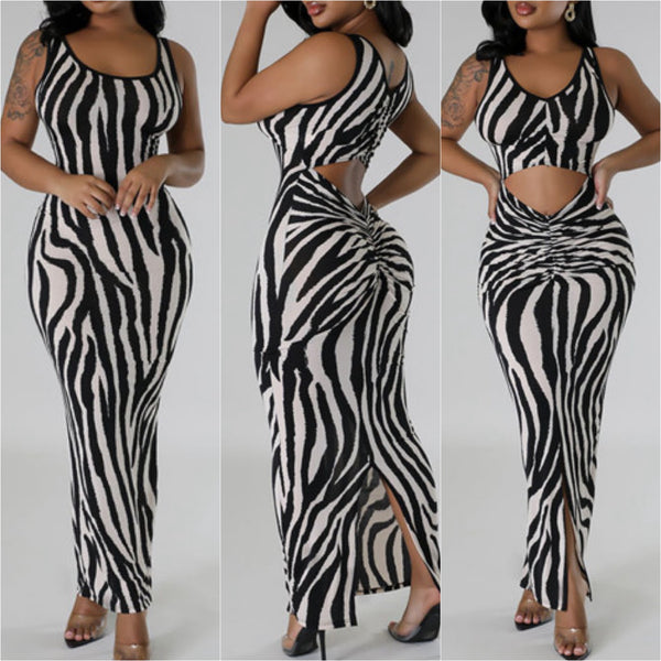 “Gone Wild” Zebra Print Cut Out Maxi Dress