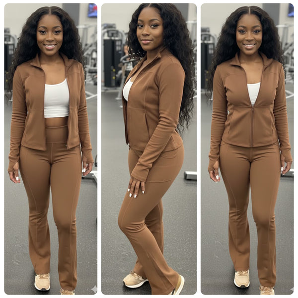 “Flex” Athletic Long Sleeve Thumb Hole Zip Jacket & Bell Pant 2 Piece Set