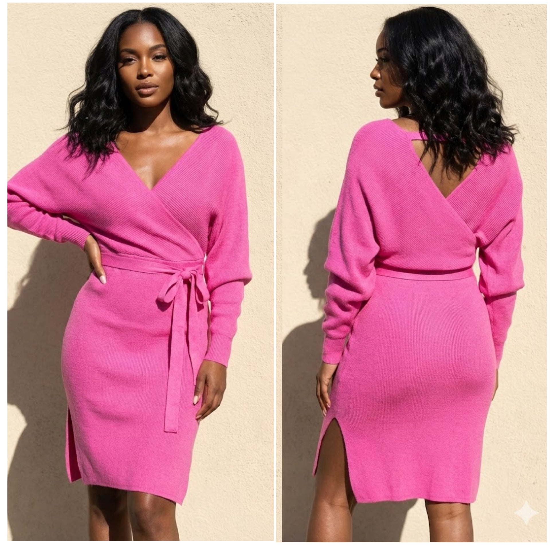 “Bloom” Pink Wrap Top Sweater Dress