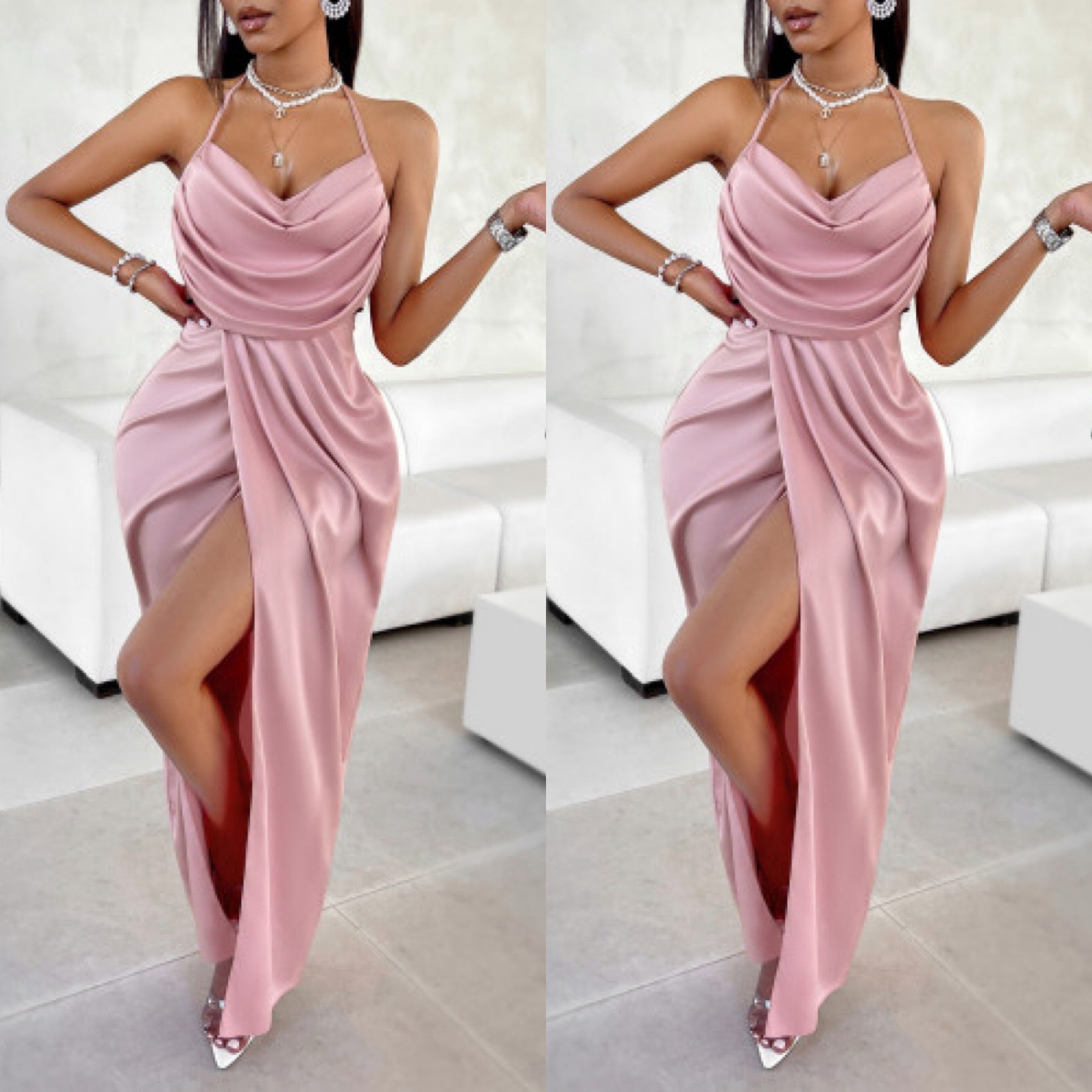 “Blush” Light Pink Gathered Split Maxi Dress