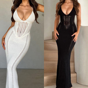 “Nettie” Knit Deep V Maxi Dress