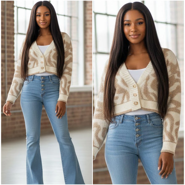 Love is in the Air” 3D Crop Button Long Sleeve Sweater