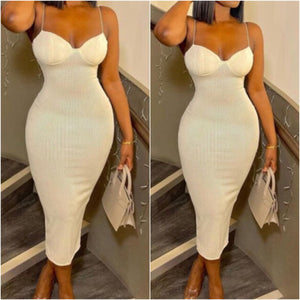 “Crushed” White Ribbed Crushed Velvet Spaghetti Strap Midi Dress