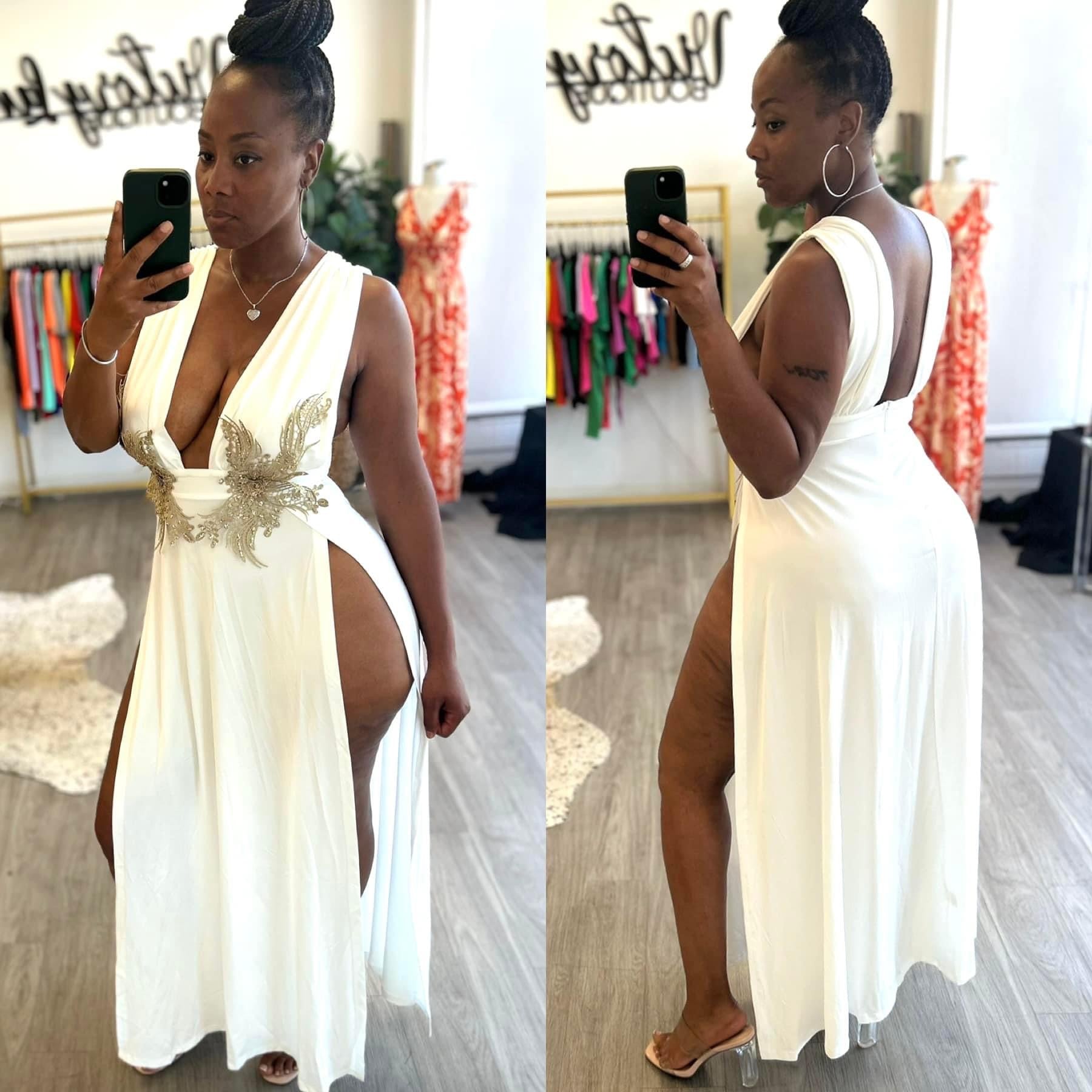 “Cleopatra” White Split Gold Embellished Maxi Dress