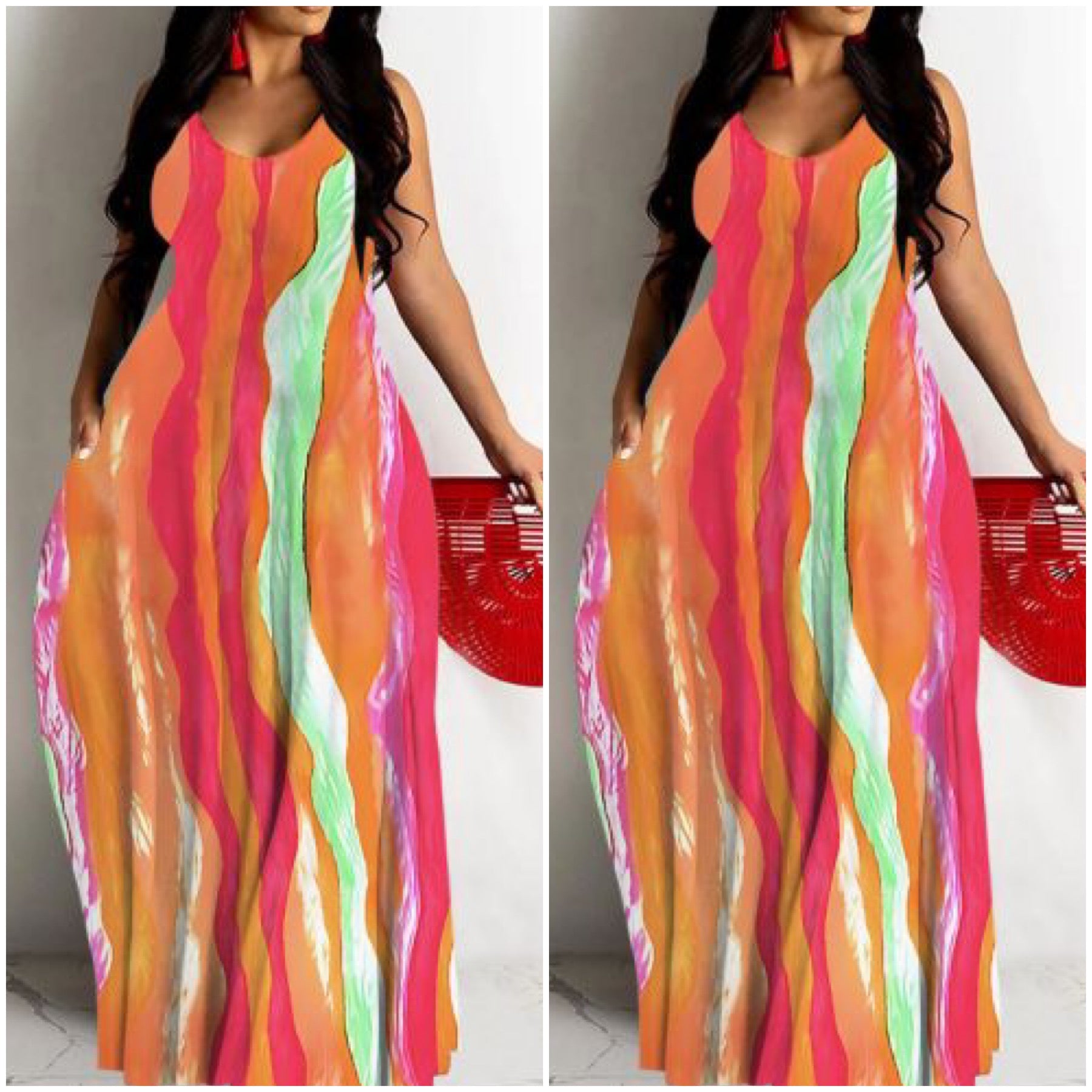 “Sky” Multicolor Pocket Print Spaghetti Strap Maxi Dress