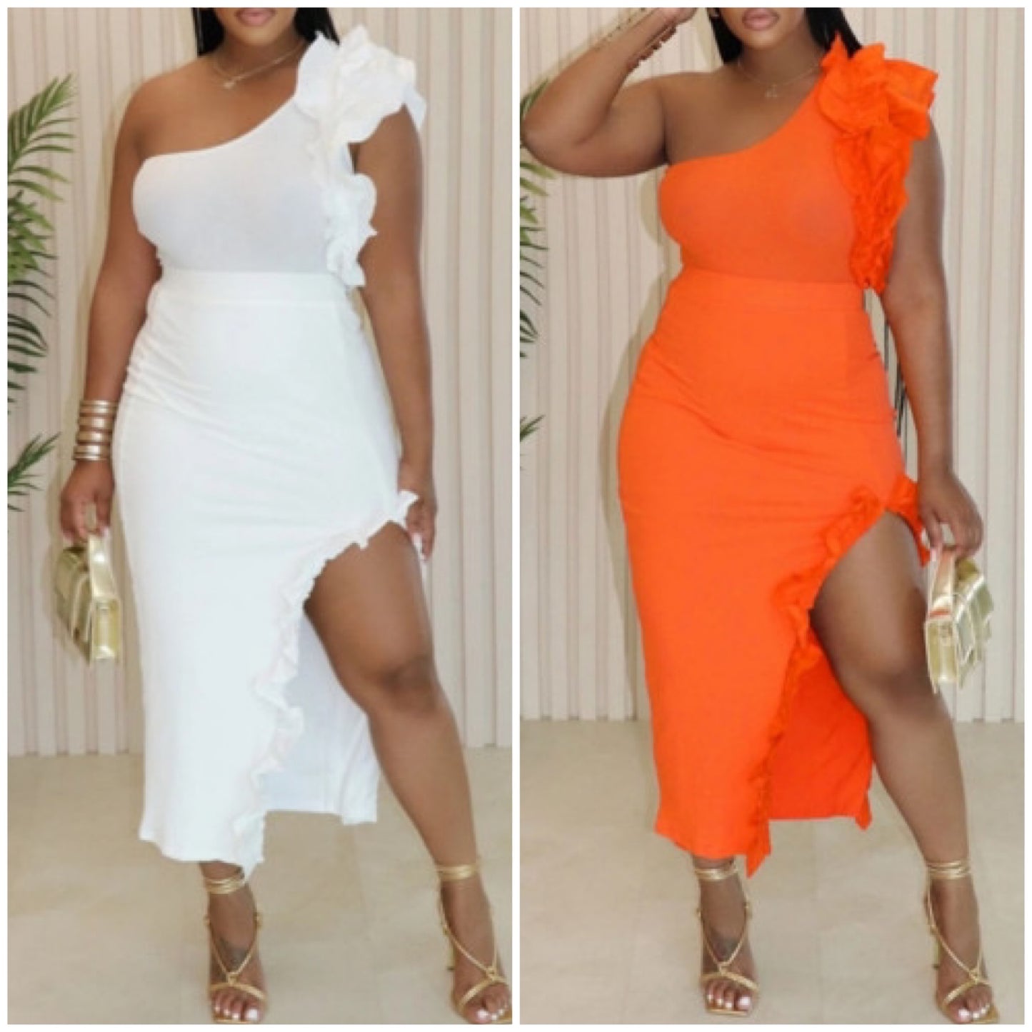 “Lynn” Ribbed 2 Piece Bodysuit & Ruffle Split Skirt Set