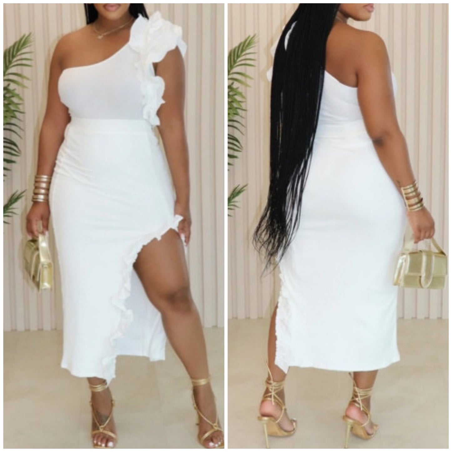 “Lynn” Ribbed 2 Piece Bodysuit & Ruffle Split Skirt Set