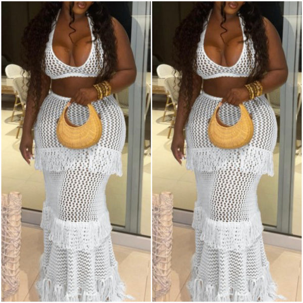 “Missy” White Crochet Fringe 2 Piece Maxi Skirt Set Coverup