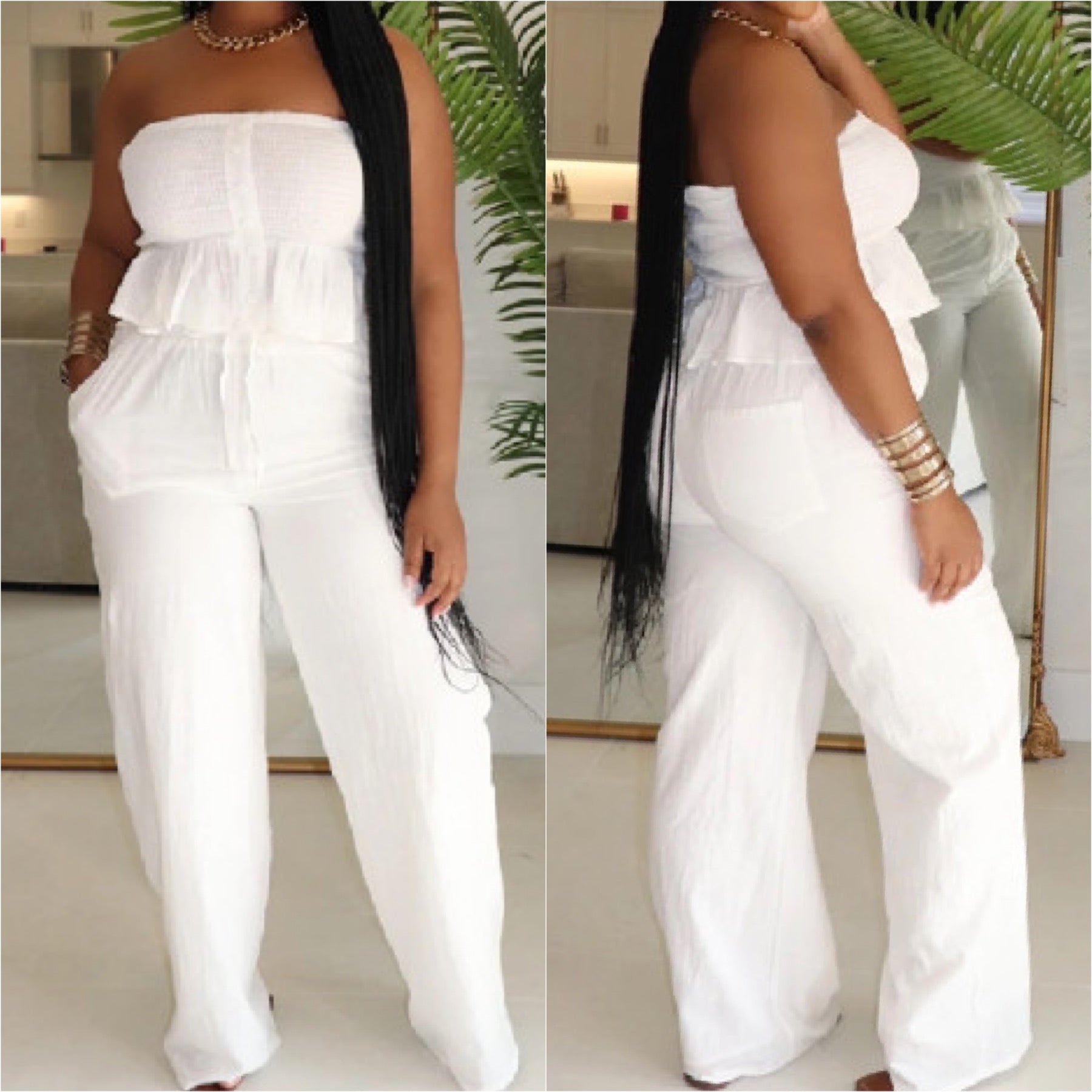 “Liz” White 2 Piece Halter Linen Pants Set