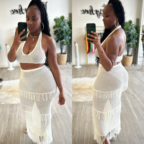 Missy White Crochet Fringe 2 Piece Maxi Skirt Set Coverup Victory Lane Boutique