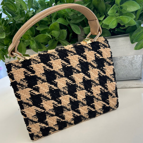 Tan & Black Houndstooth Square Crossbody Fabric Purse