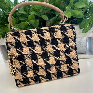 Tan & Black Houndstooth Square Crossbody Fabric Purse