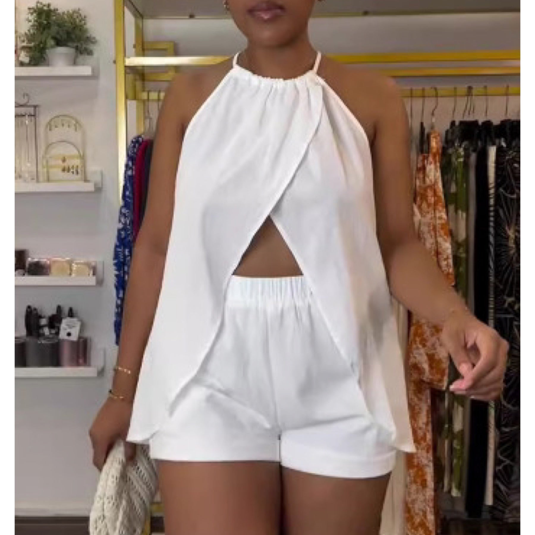 “Cassie” White 2 Piece Shorts & Split Tunic Top