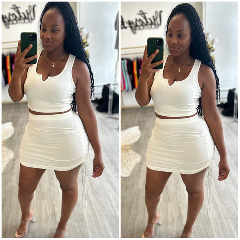 “Milk” Ribbed 2 Piece White Drawstring Skirt Set