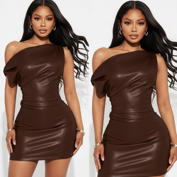 “Knockout” Faux Leather Off the Shoulder Mini Dress