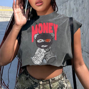 “Money” Dark Gray Crop Graphic Tee Shirt