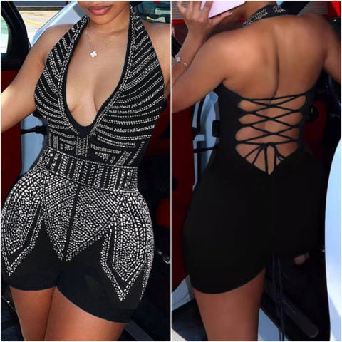 “Sparkle” Black Rhinestone Accent Stretch Lace Back Romper