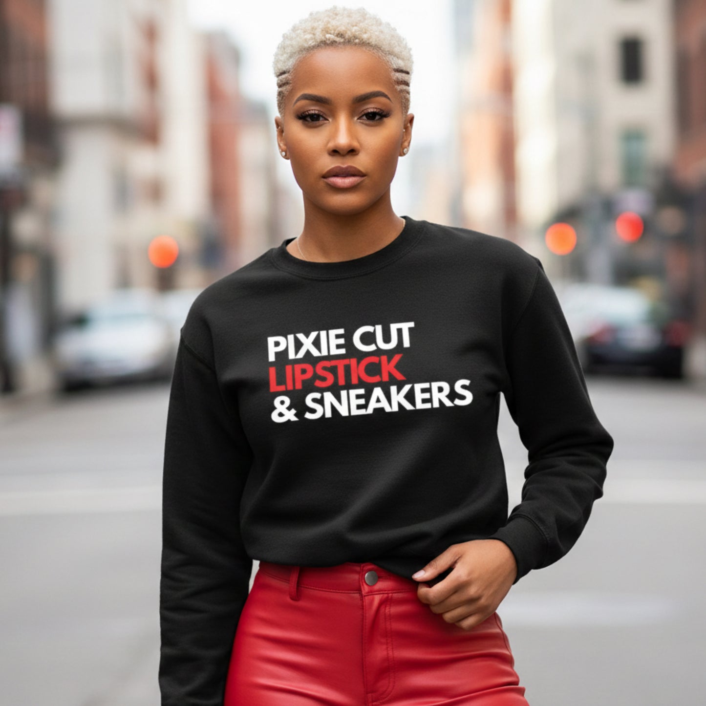“Pixie Cut Lipstick & Sneakers Black Shirt (1-3 day turnaround)