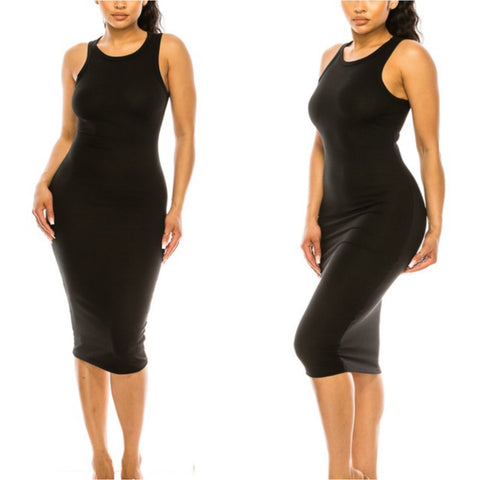 Black Ribbed Causal Everyday Tank Midi Dress