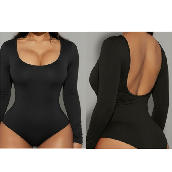 Long Sleeve Scoop Neck Backless Bodysuit Top