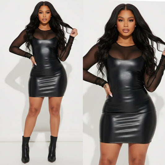 “Alex” Black 2 Piece Mesh Long Sleeve Shirt & Spaghetti Strap Faux Leather Dress Set