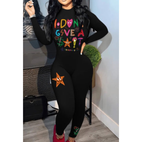 “I don’t Give” Black Long Sleeve Graphic One Piece Jumpsuit