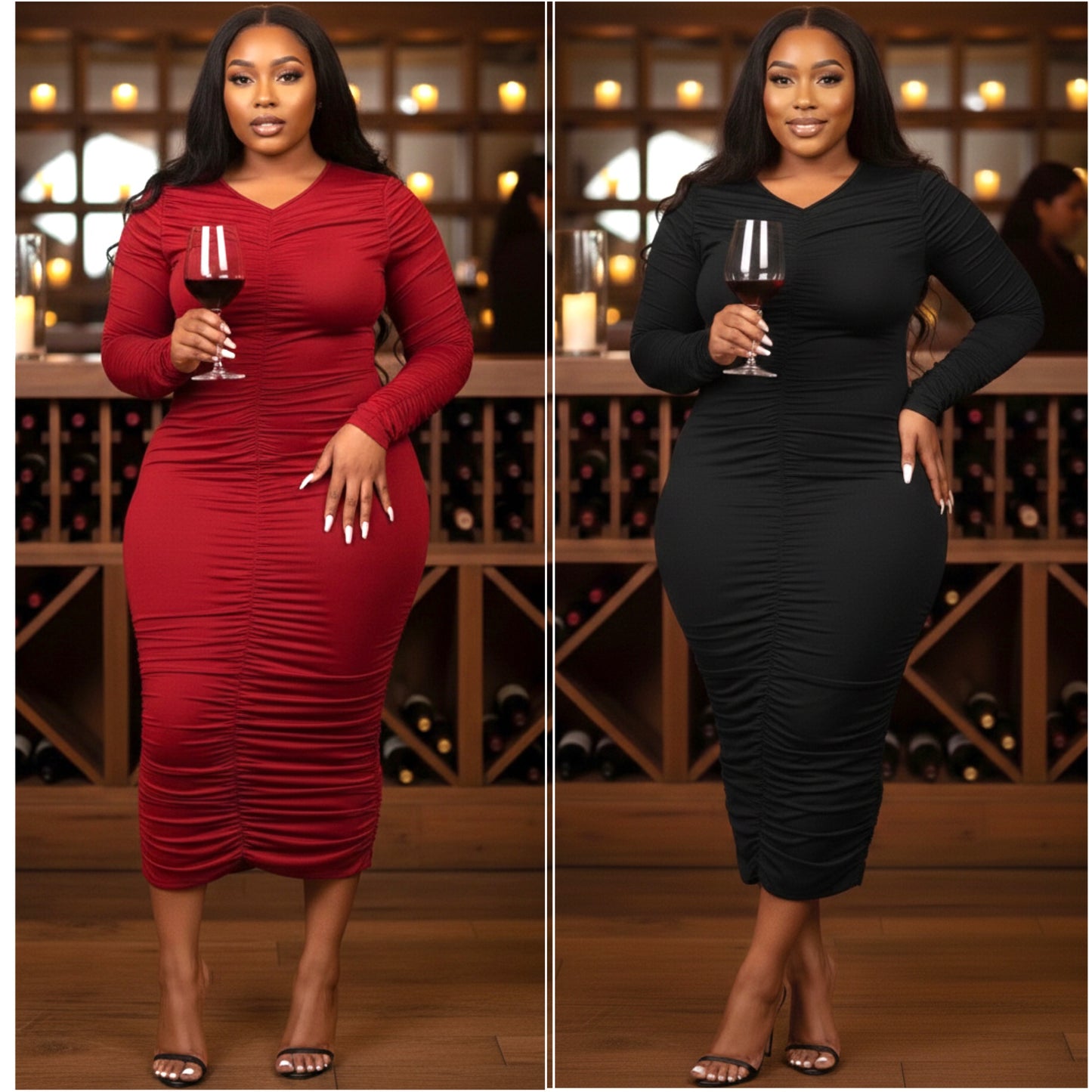 “Fine Wine” Plus Size Long Sleeve Ruched Maxi Dress