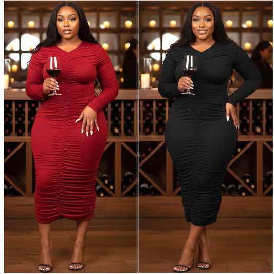 “Fine Wine” Plus Size Long Sleeve Ruched Maxi Dress
