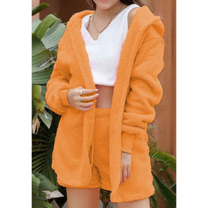 Orange Fuzzy Fleece 3 Piece Hooded Cardigan & Short Set