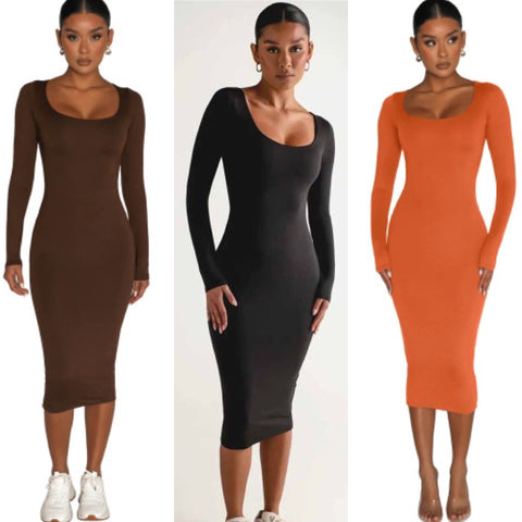 “Roxy” Long Sleeve Fitted Midi Dress