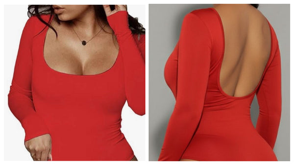 Long Sleeve Scoop Neck Backless Bodysuit Top