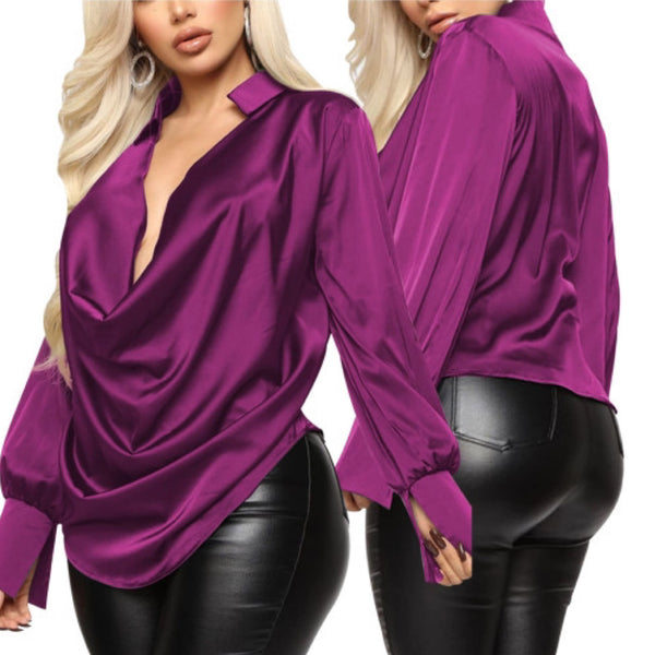 “Olivia” Stretch Satin Long Sleeve Drape Collar Blouse Top