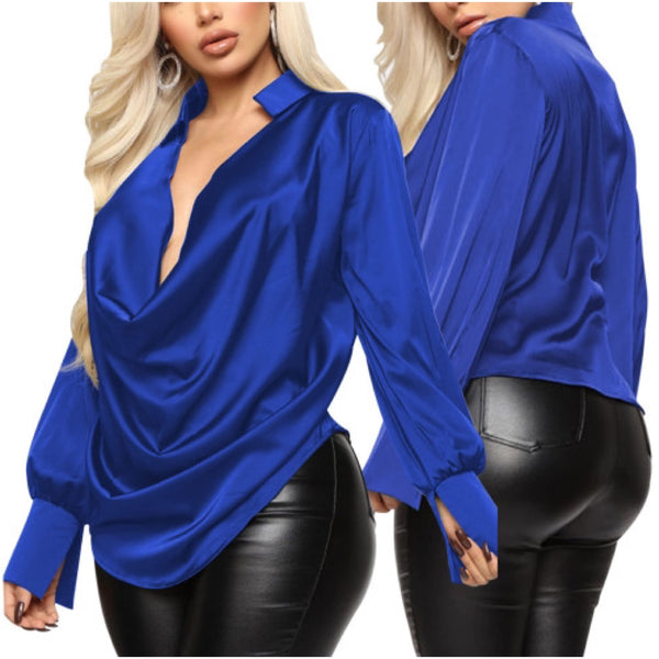 “Olivia” Stretch Satin Long Sleeve Drape Collar Blouse Top