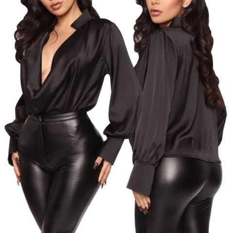 “Olivia” Stretch Satin Long Sleeve Drape Collar Blouse Top