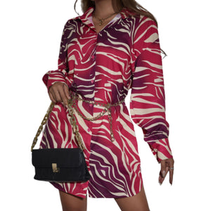 Multicolor Button Down Zebra Print Shirt Dress with chain Belt