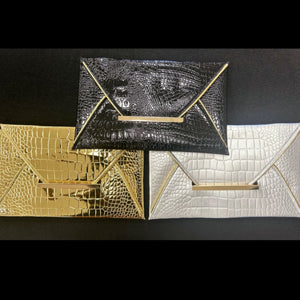 Crocodile Print Gold Trim Envelope Clutch