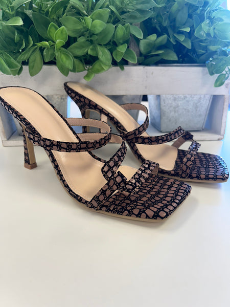 “Oak” Brown/Black Strappy High Heel Sandal